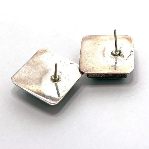 Silver Turquoise Square Post Earrings - Vintage - 7/8" Square - Mid Century - Picture 3 of 8